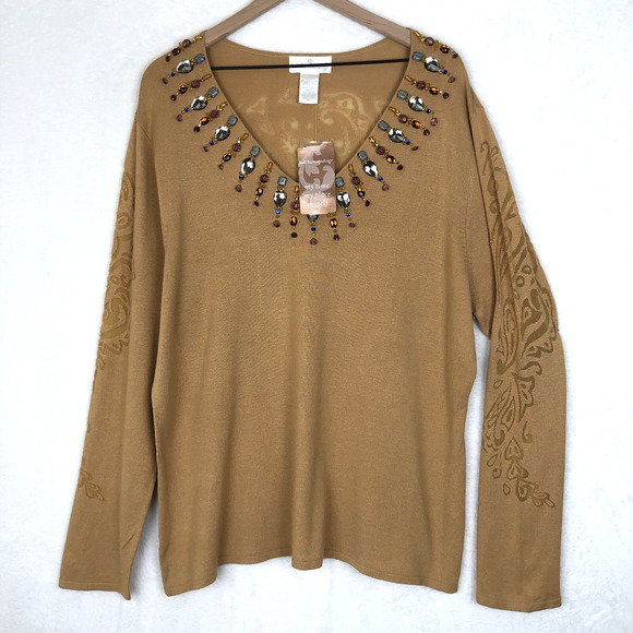 NWT SOFT SURROUNDINGS Beaded Sweater Plus Sz 2X Camel Tan L/S Knit Burnout Rayon - Picture 1 of 11
